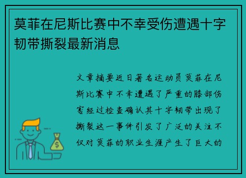 莫菲在尼斯比赛中不幸受伤遭遇十字韧带撕裂最新消息 莫菲在尼斯比赛中不幸受伤遭遇十字韧带撕裂最新消息